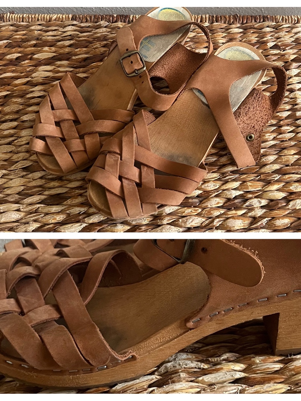 Moheda Toffeln Brown Leather swedish Clogs wood base heel 38 7.5 8
